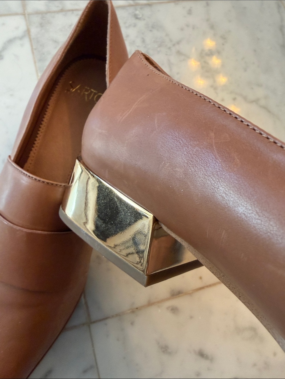 SARTO By Franco Sarto Cognac Pointed Toe Loafers w/ Gold Heel - Picture 3 of 7